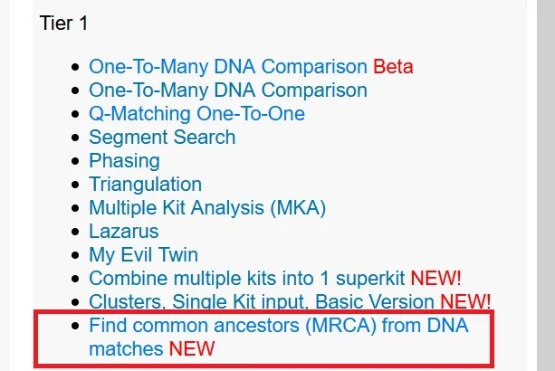this image shows the gedmatch tier one tools, where the "find common ancestors mrca tool" is located