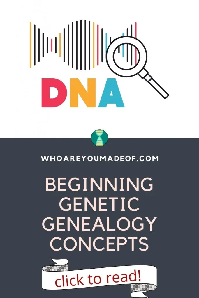 Beginning genetic genealogy concepts Pinterest image with DNA graphic