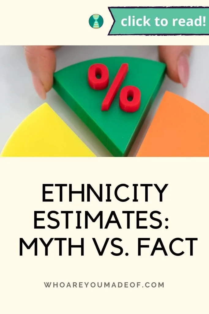 Ethnicity estimates: Myth vs fact Pinterest image with a hand pulling a piece of a pie out of a pie chart 