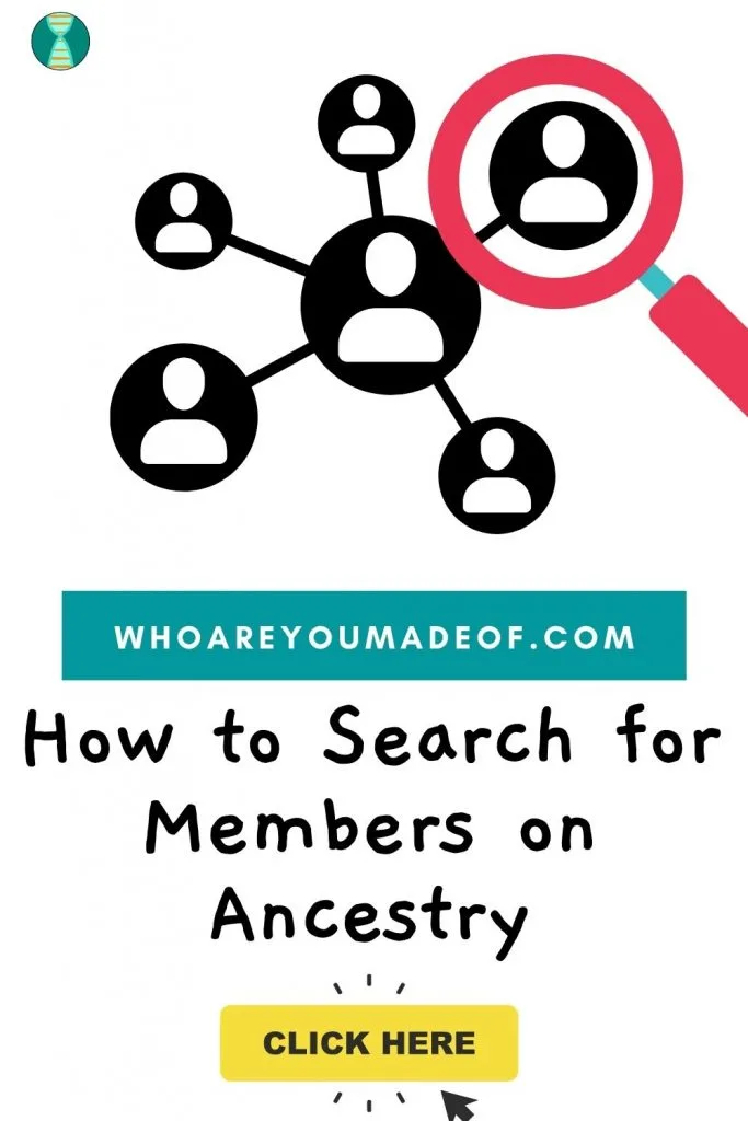 How to search for members on ancestry Pinterest image with graphic of people connected by a network and a magnifying glass