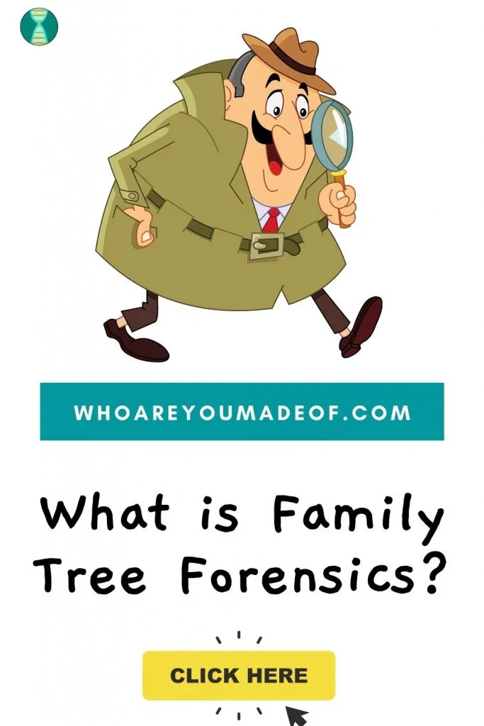 What is family tree forensics Pinterest image with detective and a magnifying glass
