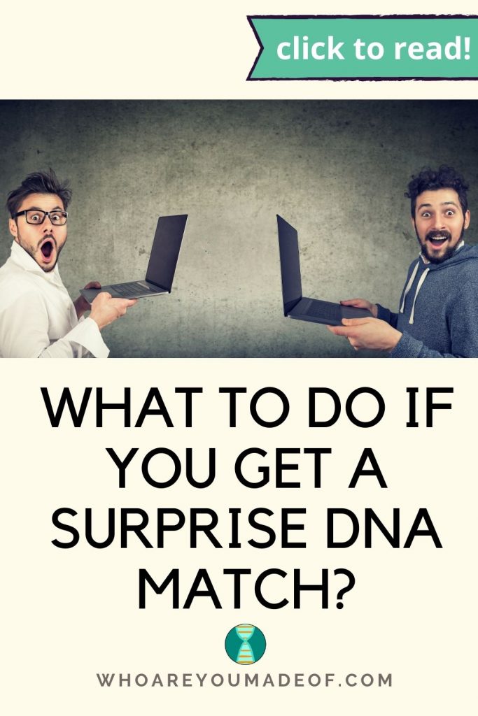 What to do if you get a surprise DNA match Pinterest image with two men holding their laptops with surprised expressions