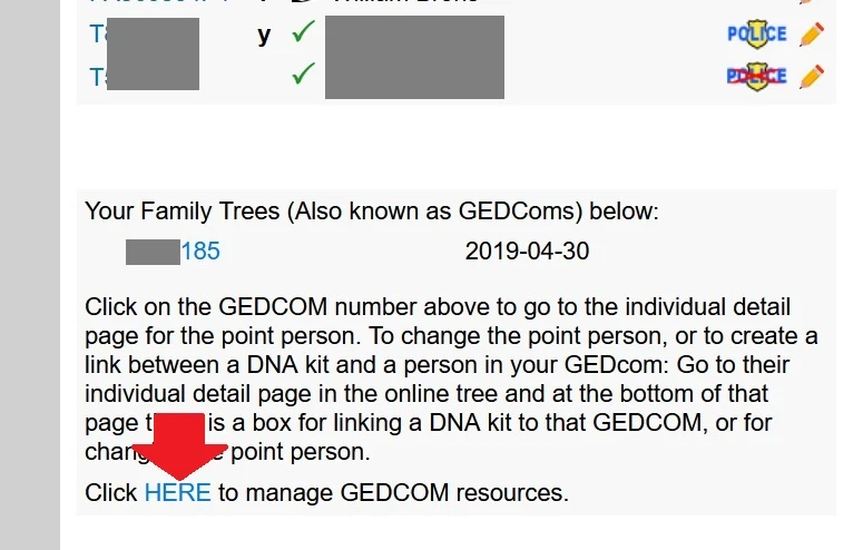 The red arrow points to the HERE link, which you should click on in order to delete your GEDCOM