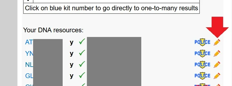 screen capture from the Gedmatch dashboard where you will find a list of DNA kits attached to your account, the pencil icon allows you to edit settings for each DNA kit, including deletion of that kit