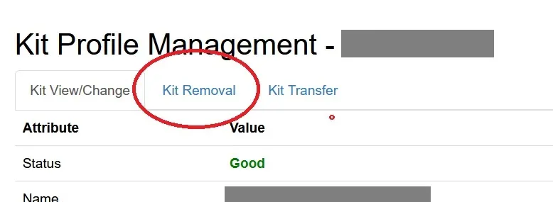 This image shows where to click to find the kit removal feature on Gedmatch, it's located under the kit removal tab on the Gedmatch DNA kit settings page