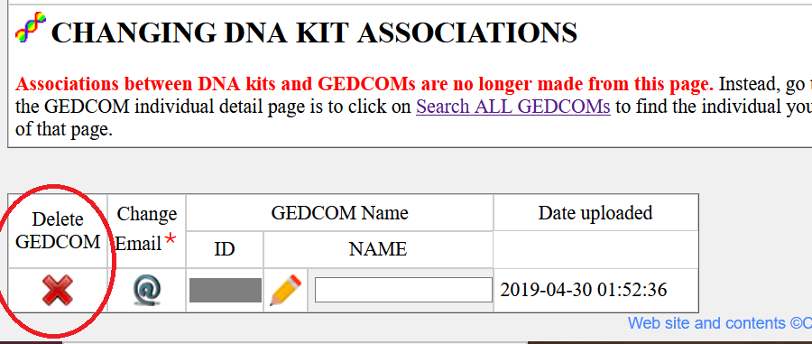 Click on the red arrow in the Delete Gedcom column next to the Gedcom that you would like to delete - in this image it is circled in red