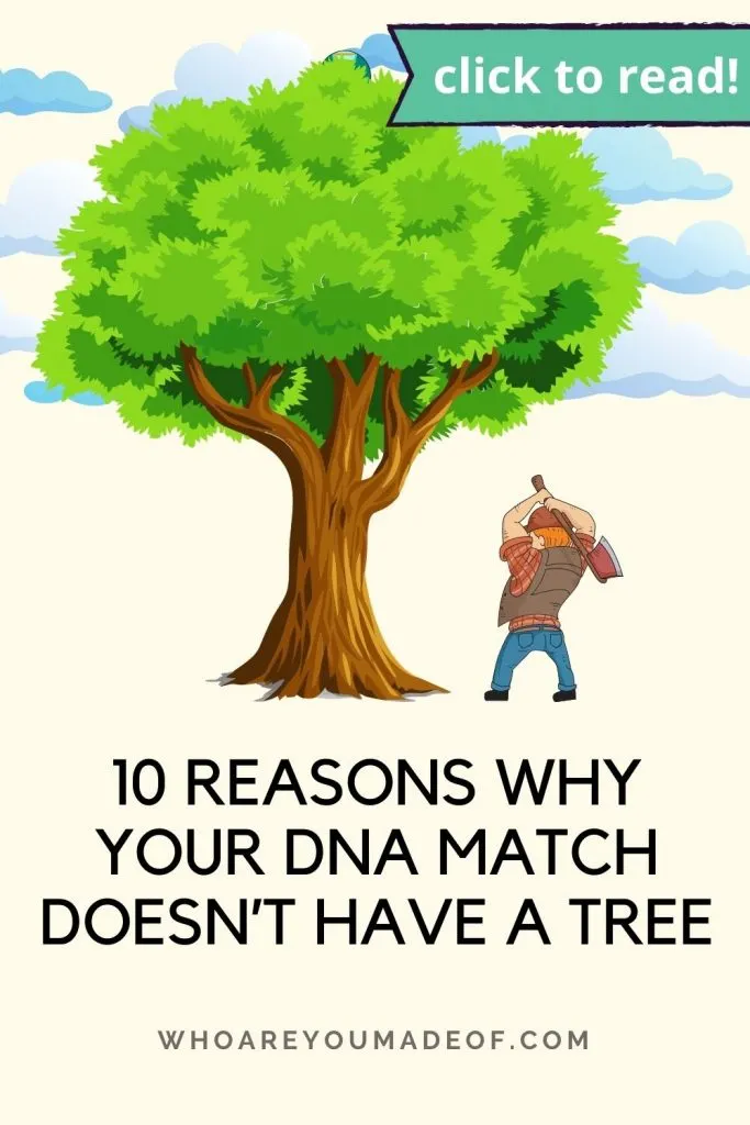 10 reasons why your DNA match doesn't have a tree Pinterest image with a tree, sky, and a lumberjack attempting to chop down tree