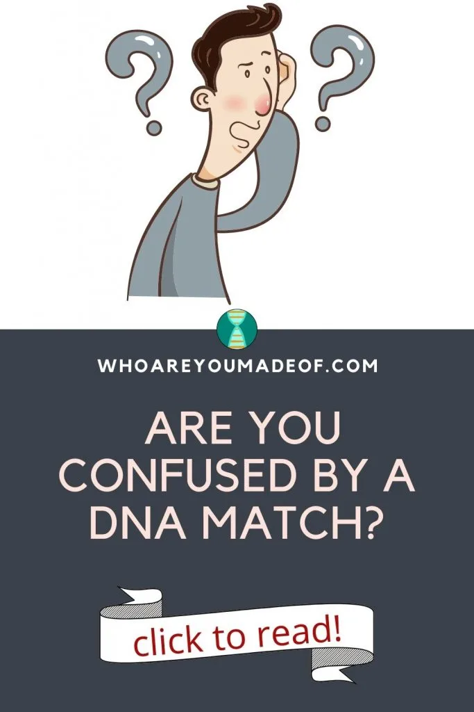 Are you confused by a DNA match?  Pinterest image with a graphic of a confused man with question marks around his head