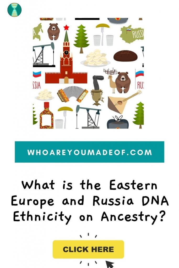 What is the Eastern Europe and Russia DNA Ethnicity on Ancestry?  Pinterest image with graphic included images and artifacts from Russia
