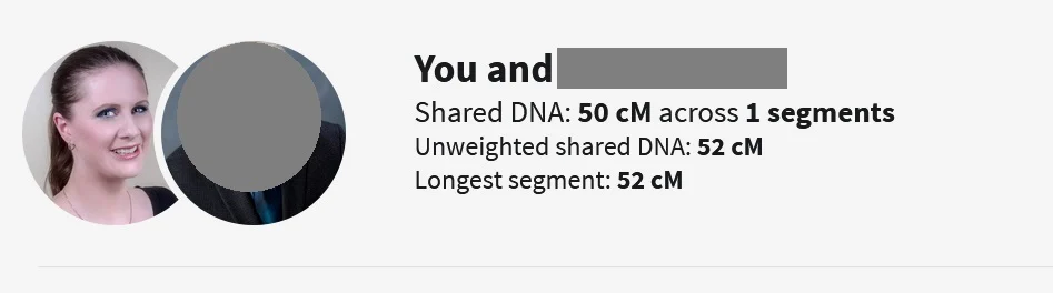 I share 50 cMs across 1 segment with this match.  Unweighted shared DNA is 52 cMs and the longest segment is 52, since we only share 1 segment