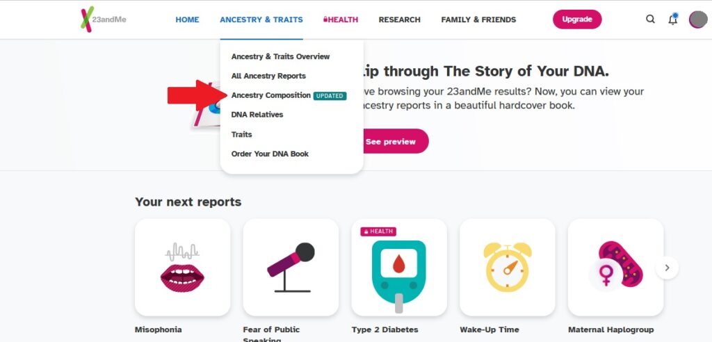 how to access Ancestry Composition Report 23andMe