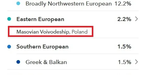 Shows an example of the recent ancestor location where previously his results said "Poland" and now they say that he may have had an ancestor from Masovian Voivodeship in Polamnd
