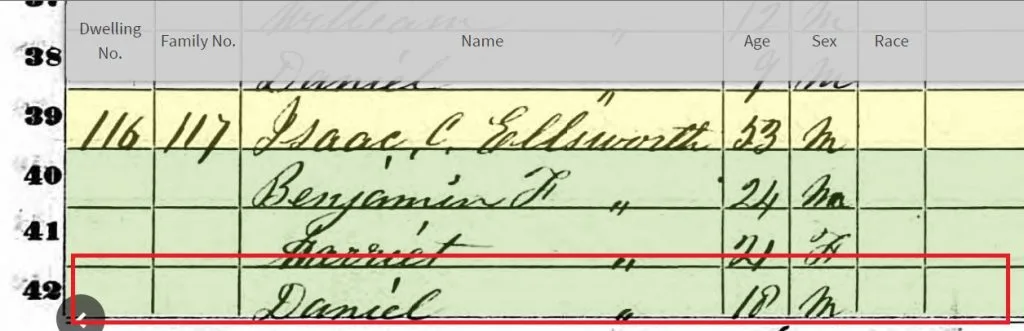 An example of an incorrect name on a US federal census.  Household members on this image are listed as Isaac Ellsworth, Benjamin, Harriet and Daniel.  My ancestor's name was Diana, not Daniel