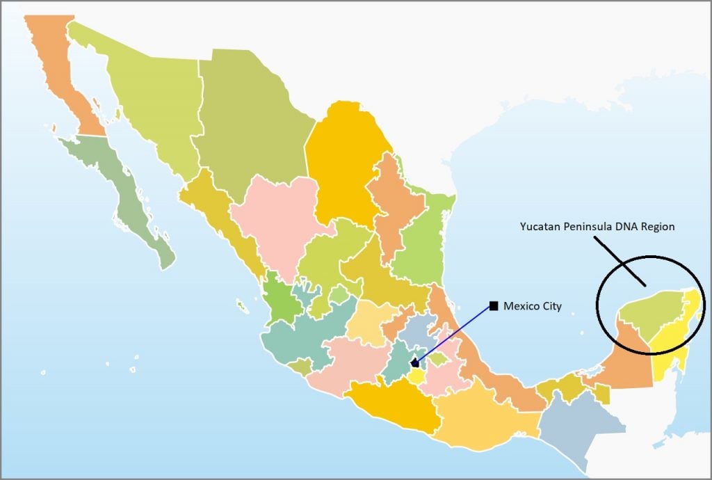 This map shows the location of the Indigenous Americas Yucatan Peninsula DNA region, which is located in southeastern Mexico on the Yucatan Peninsula