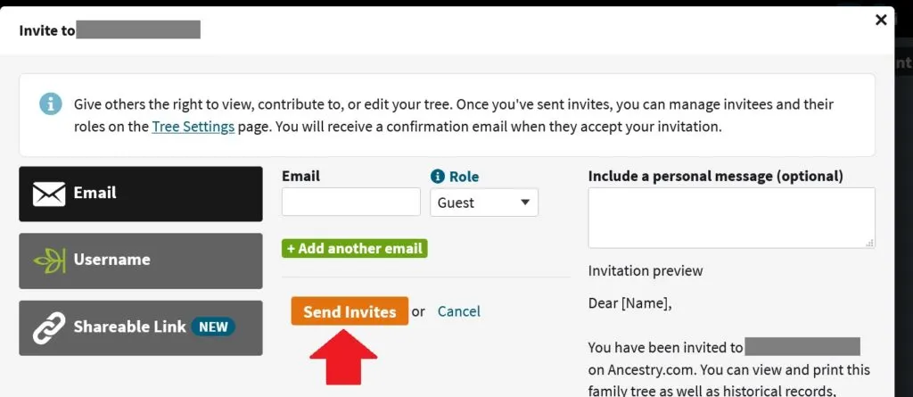 Screenshot from the Ancestry website, shows the Sharing feature for the family tree.  This image shows the e-mail invitation feature, where you enter the email address, choose the role, and then send the invite to the person that you would like to add to your tree