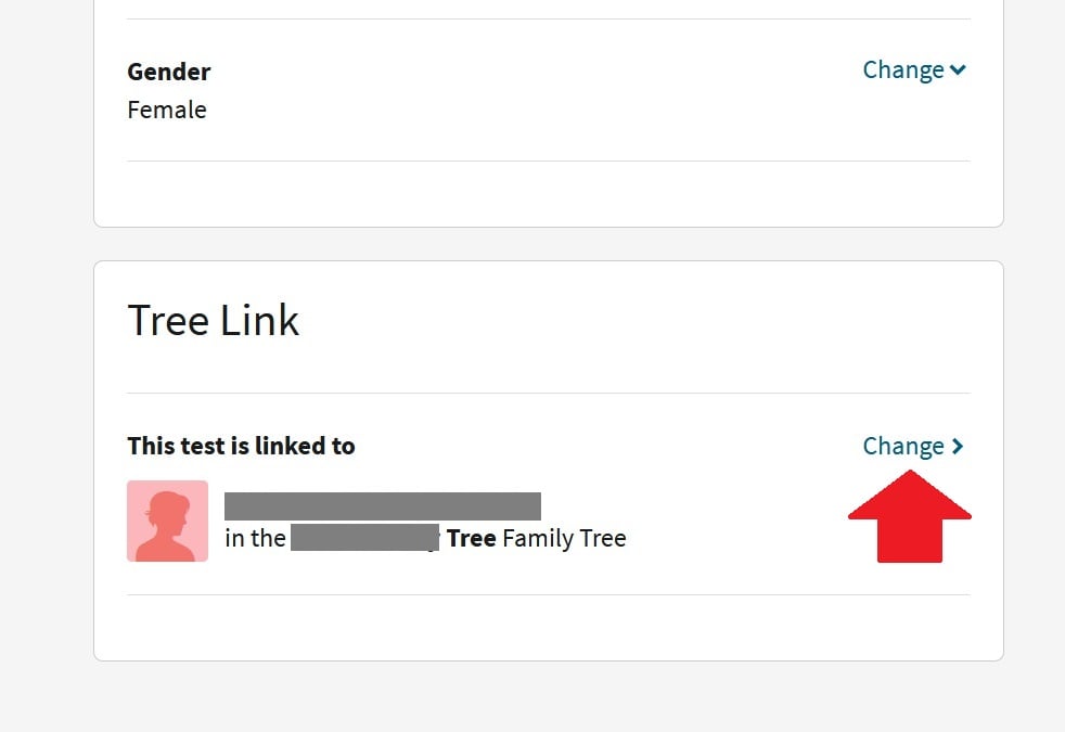 Screenshot from Ancestry DNA test settings shows the Tree Link section where you can click Change to choose a new tree to link your results to
