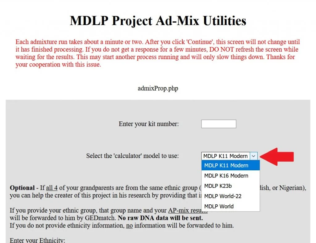 This image shows that you should click the drop down menu after the "Select the calculator model to use" field on the Gedmatch Admixture tool page