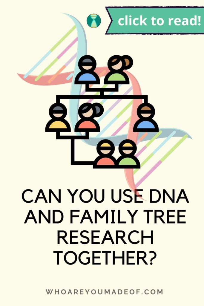 Pinterest image called Can You Use DNA and Family Tree Research Together? showing family tree and DNA graphic