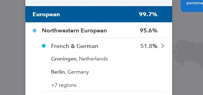 screen capture from my dad's 23andMe results showing that he has 95.6% European DNA with 51.8% matching the French and German region