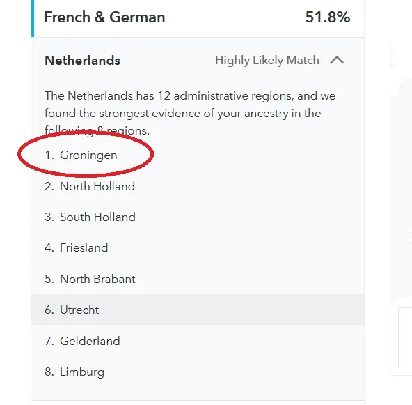 This screen capture lists the top regions within the Netherlands that match my dad's DNA: Gronigen, North Holland, South Holland, Friesland, North Brabant, Utrecht, Gelderland, and Limburg.  I know that he only has ancestors from Gronigen.