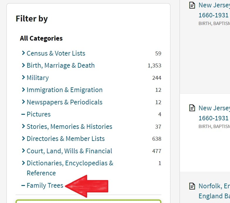 this image shows the options available under "Filter by" for a search that I did on Ancestry.  Family trees are at the very bottom of this list, and I put a red arrow pointing to this otion