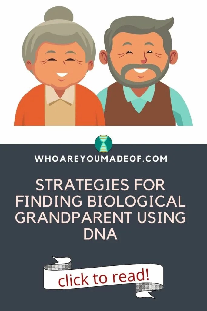 Pin title of "Strategies for finding biological grandparent using DNA" along with a graphic of two grandparents on a white background