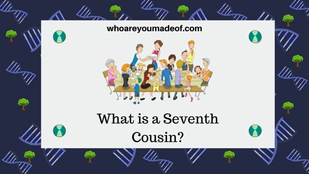 What is a Seventh Cousin? featured image with a graphic of a large family eating a meal at a table
