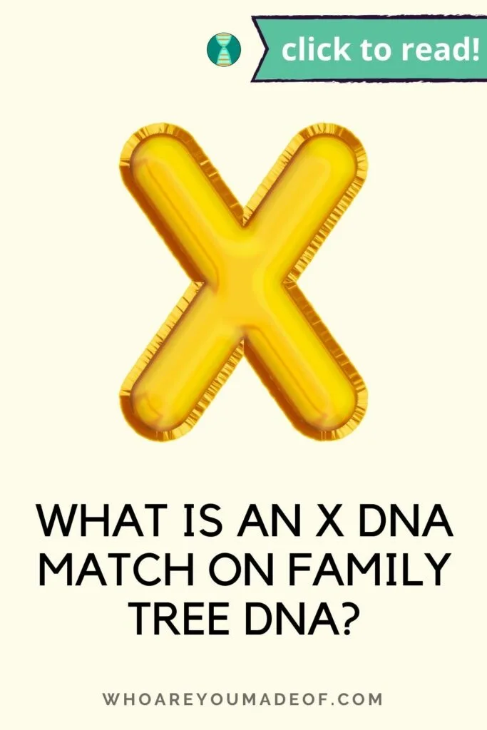 Pin title: What is an X DNA Match on Family Tree DNA?  Decorative golden X 
