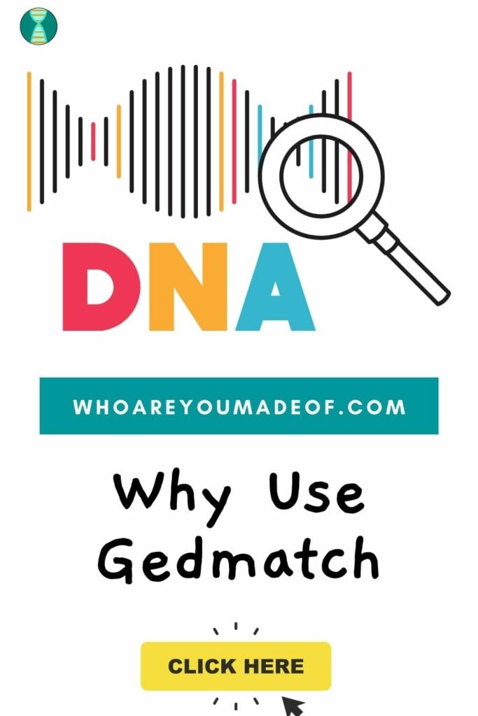Pin title "Why Use Gedmatch" with a DNA graphic and  magnifying glass on a white background
