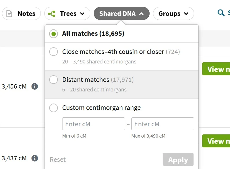screen capture of my Ancestry DNA match list showing how many total matches I have (18,695) as well as how many are related at 4th cousin or closer (724) and how many are more distant (17,971)