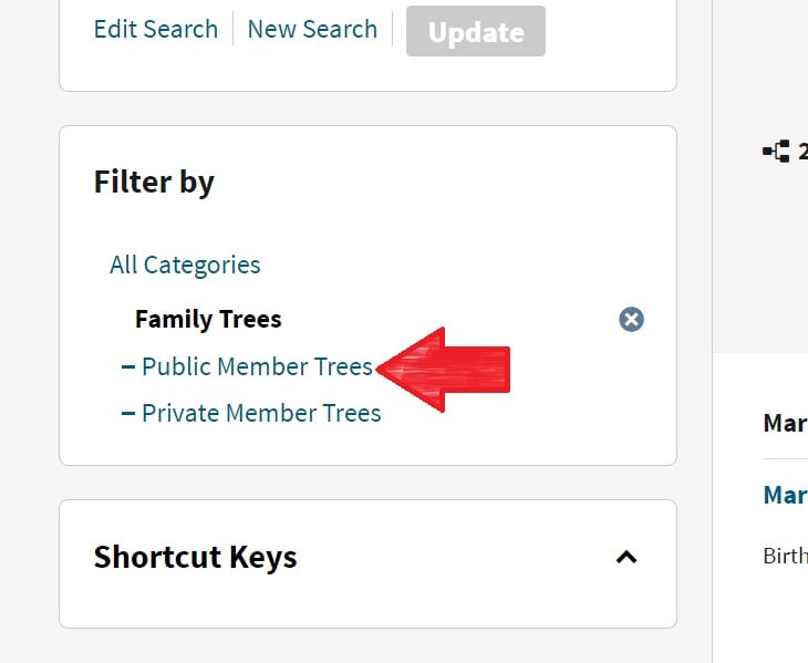After I clicked on Family Trees, I have the option to further filter the search results.  This image shows public member trees and private member trees as options to filter the results