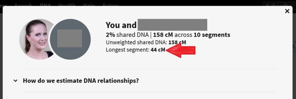 This image shows that I share 158 centimorgans with my match, and that the longest segment is 44 centimorgans