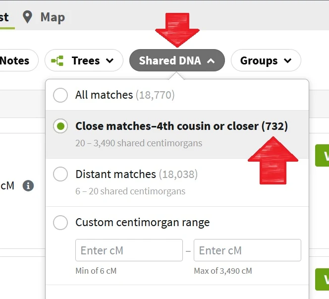 screen capture from my DNA match list showing a red arrow pointing to the number of 4th cousin or closer matches that I have (732), as well as the number of distant matches of 18,038