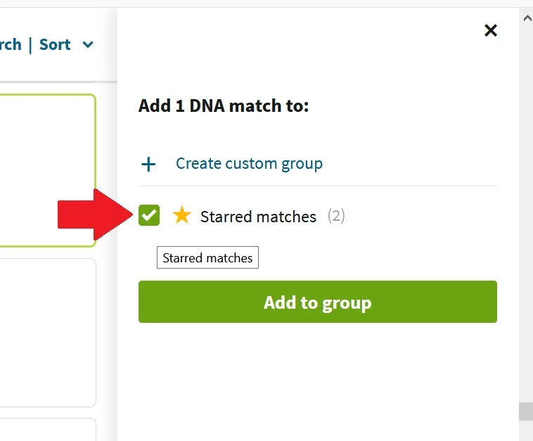 shows where to click to add DNA match to starred matches or a custom group