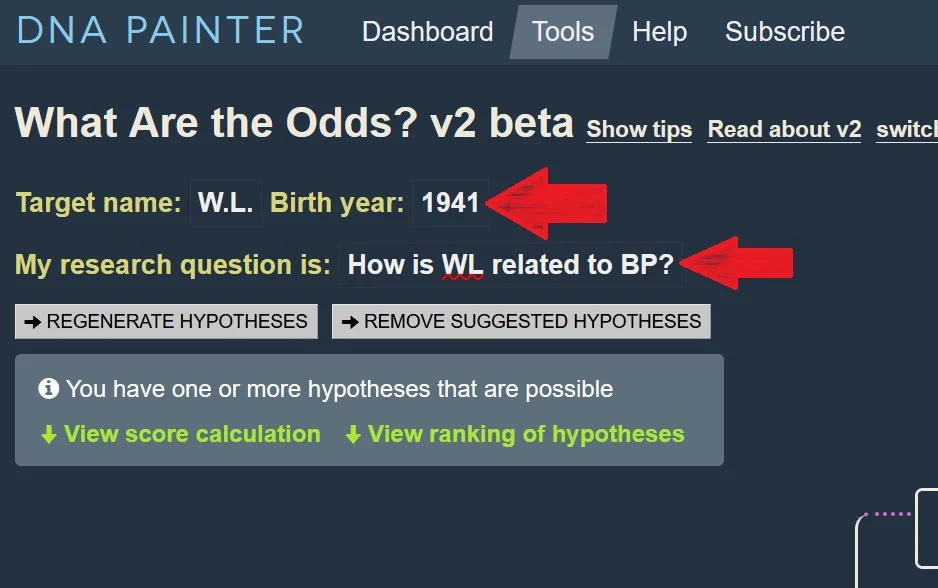 where to enter Target name and birth year on What are the odds tool, as well as the research question.  Red arrows are pointing to these fields