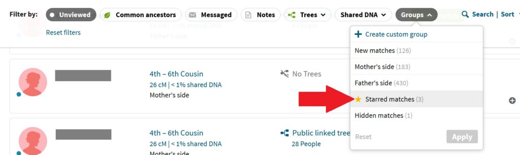 if you click on groups, a drop down menu will appear where you can select the starred matches group