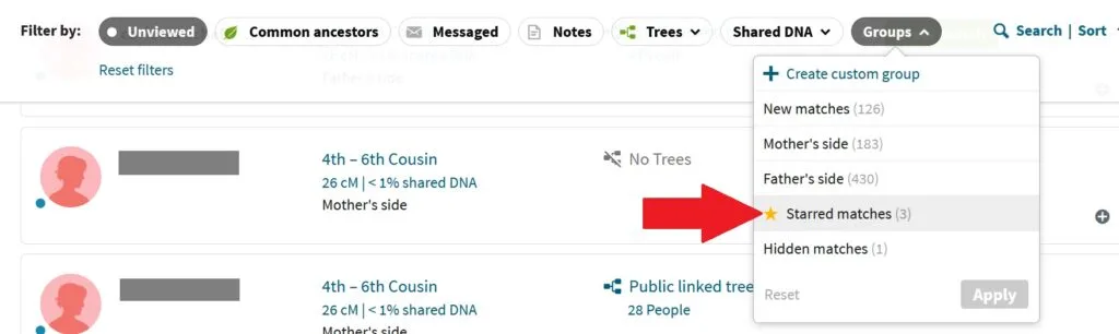 if you click on groups, a drop down menu will appear where you can select the starred matches group