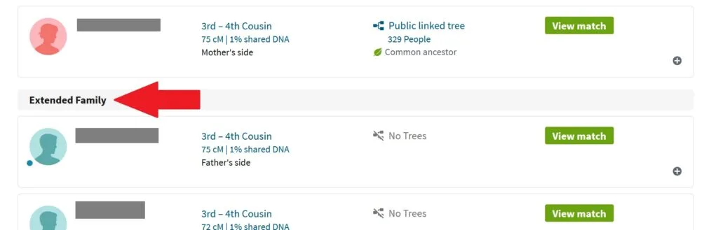 example of DNA match list on Ancestry DNA