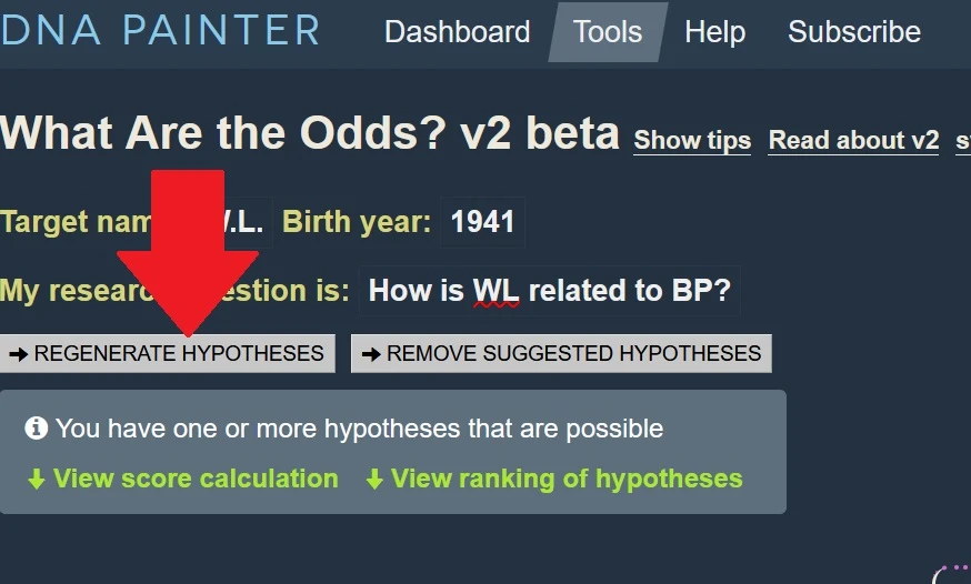 Red arrow points to the regenerate hypothesis button