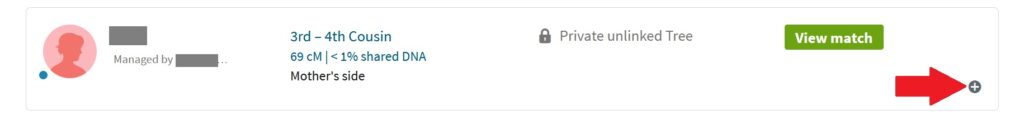 dna match on ancestry with red arrow pointing to the little circle in the bottom right corner to add match to group