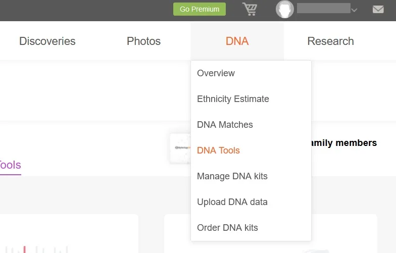 screenshot of the menu that appears if you hover over the DNA tab in your MyHeritage account - DNA Tools is the 4th option on the dropdown menu