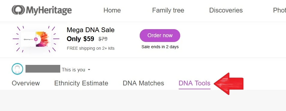 Screenshot from the MyHeritage DNA results overview page where you can access the DNA Tools page as the last tab option