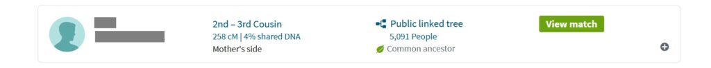 example of a 2nd-3rd cousin DNA match that has a Public linked tree attached to their DNA test