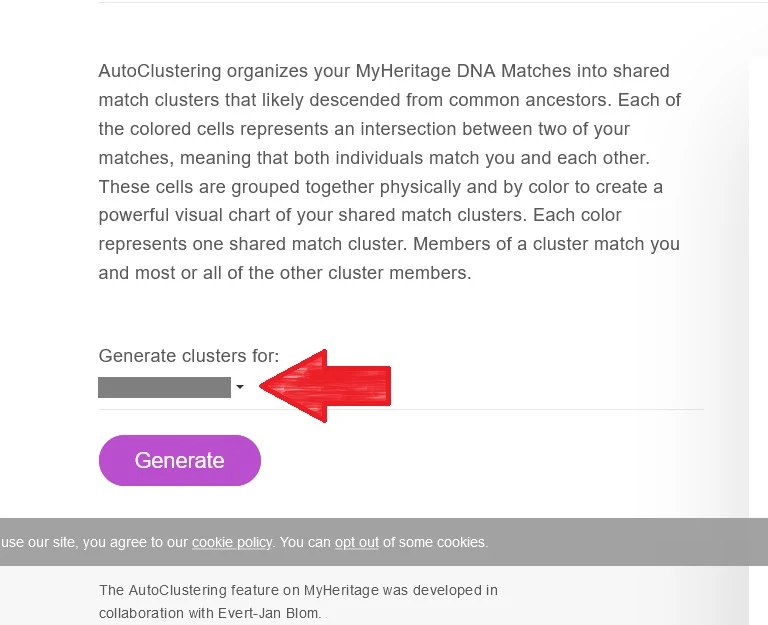 From the MyHeritage site, shows where to click to switch between kits to use the AutoClusters tool 