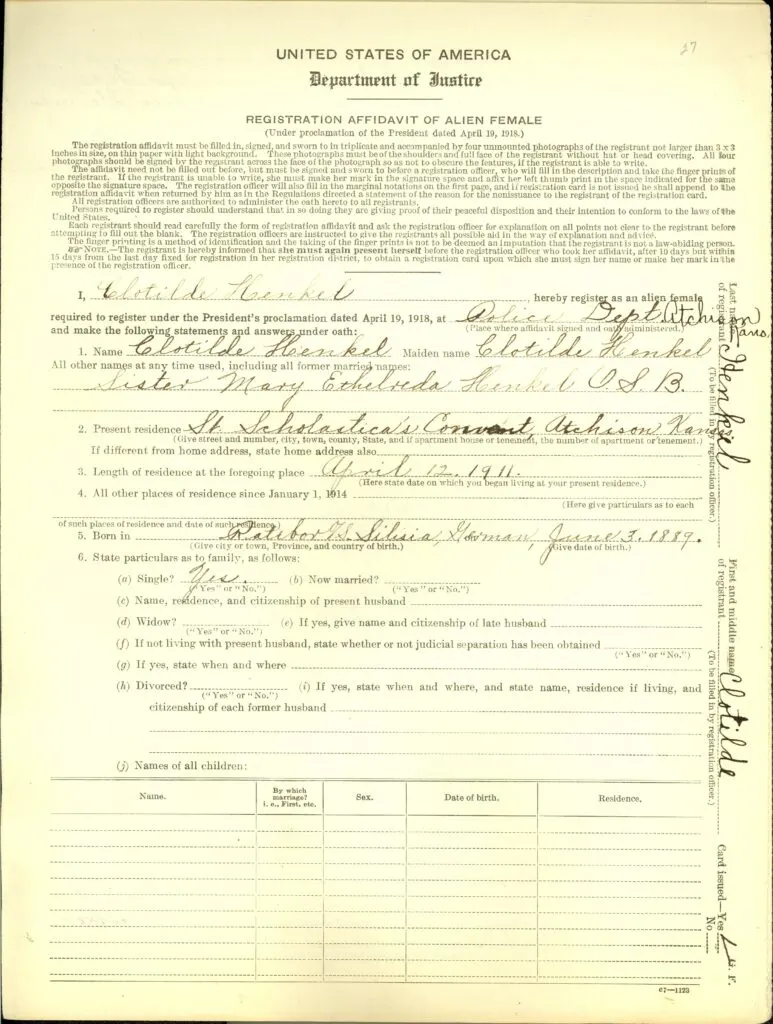 A real sample of a Enemy Alien Registration Affidavits from a foreign-born woman who was required to register