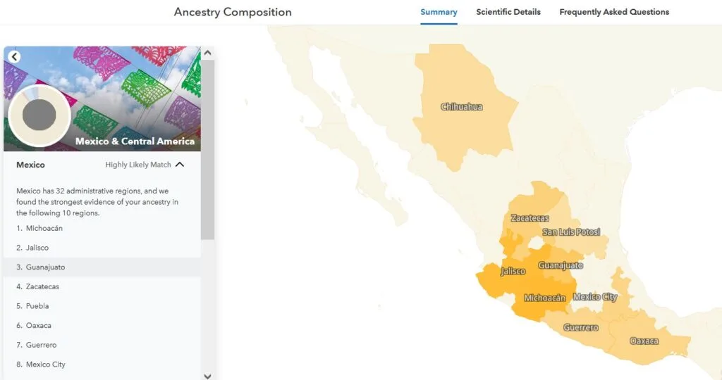 Map of Mexican states most closely matching DNA on 23andMe Recent Ancestry in the Americas