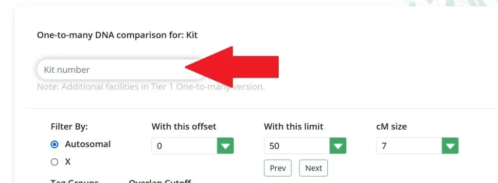 screen capture from the Gedmatch site with red arrow pointing to the field where you should enter your Gedmatch kit number