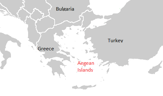 The Aegean Islands DNA region map show in grey, with Aegean Islands in red
