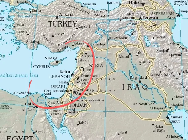 map of the Middle East and Eastern Mediterranean region with the Levant DNA region circled in red