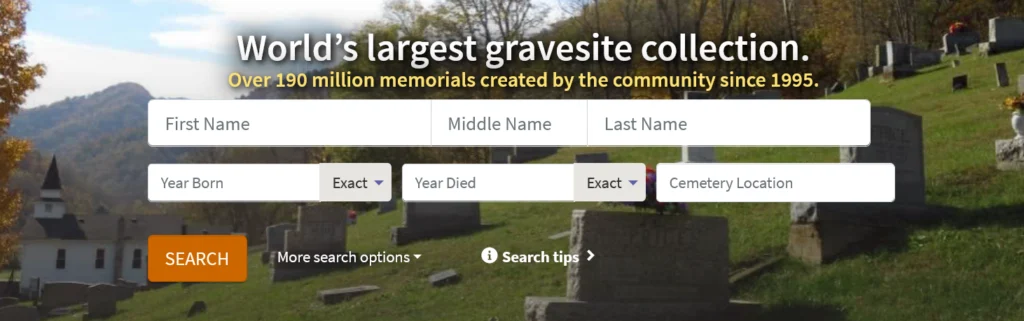 Screen capture from the Find-a-Grave website that shows search fields and search button
